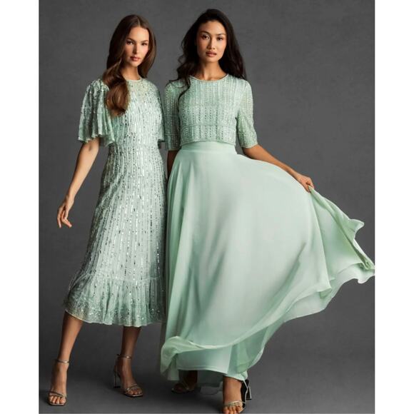 Mac Duggal  Green Chiffon Gown w/ Fully Beaded 3/4 Sleeves Size 16 - Picture 4 of 16